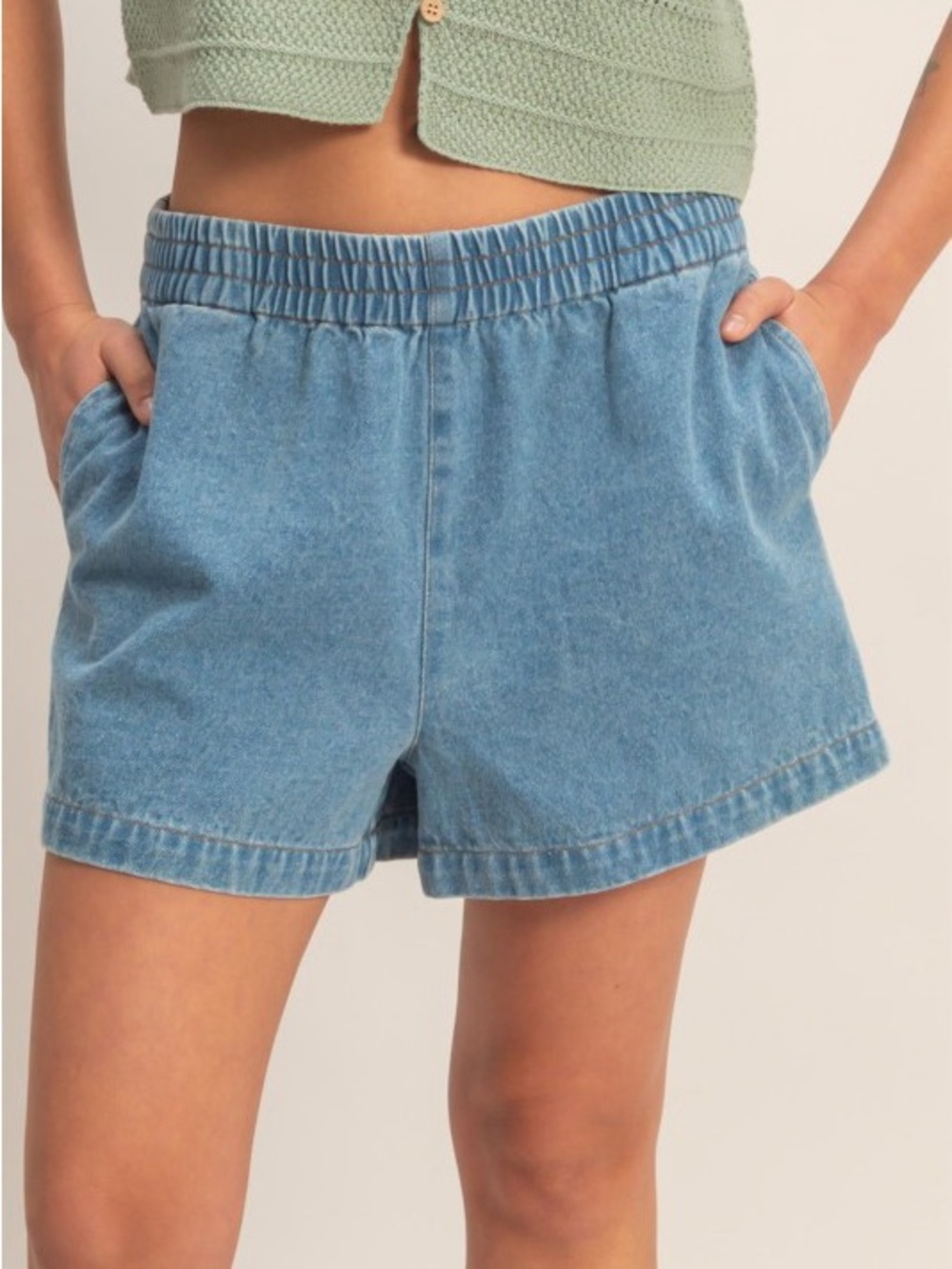 NWT 100% Cotton Washed Blue Elastic Waist Denim Shorts